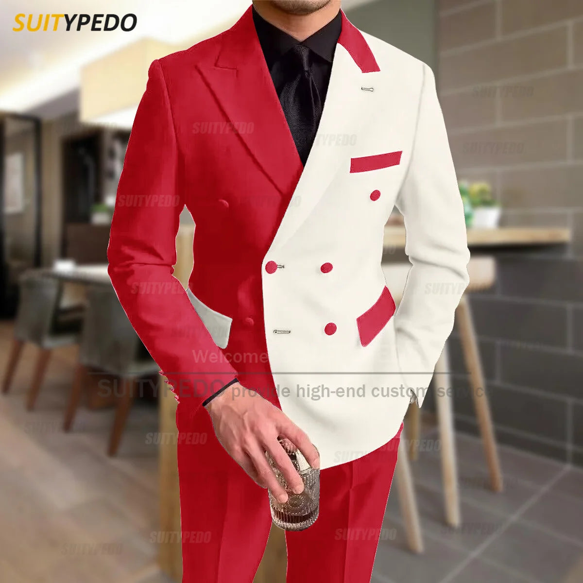 Fashion Black Ivory Splicing Men Suit Casual Party Classic Double Breasted Jacket Evening Dinner Elegant Blazer Pants Outfits