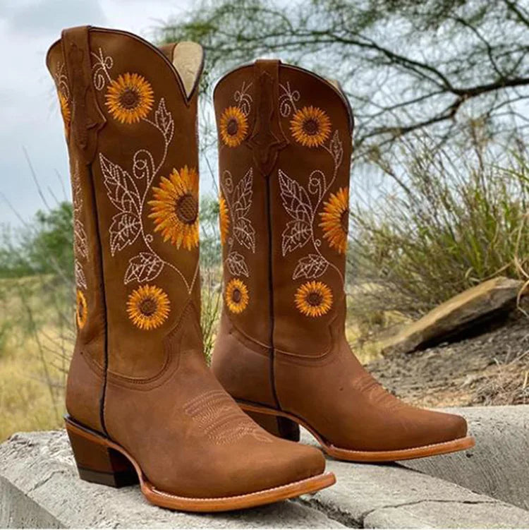 WTEMPO Women Brown Embroidery Boots PU Leather Printed Western Cowboy Boots Deep V-mouth High Tube Casual Boots Classic Shoes