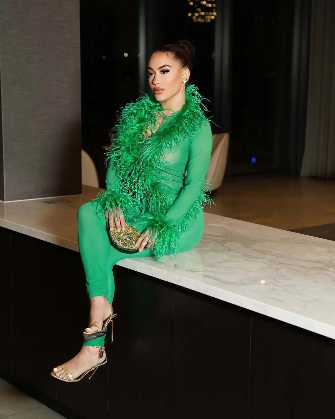 CM.YAYA Fashion Mesh See Though Women's Set Feather Side Long Sleeve Crop Top and Legging Pants  Sexy Two 2Piece Sets Outfit