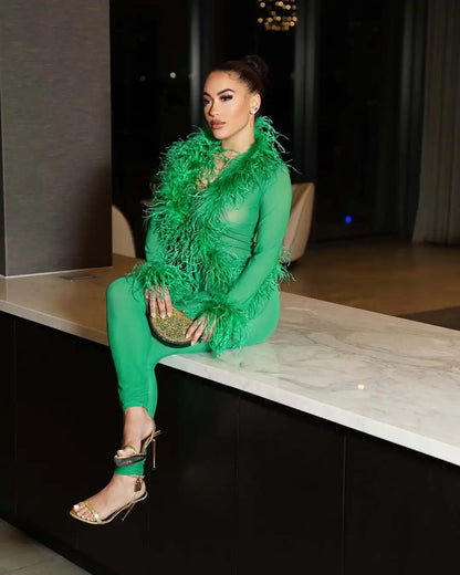 CM.YAYA Fashion Mesh See Though Women's Set Feather Side Long Sleeve Crop Top and Legging Pants  Sexy Two 2Piece Sets Outfit