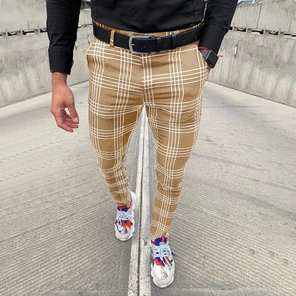 Summer Men&#39;s Casual Pants Plaid Social Stretch Trousers Mid Waist Skinny Business Office Working Party Male Suit Pants Autumn