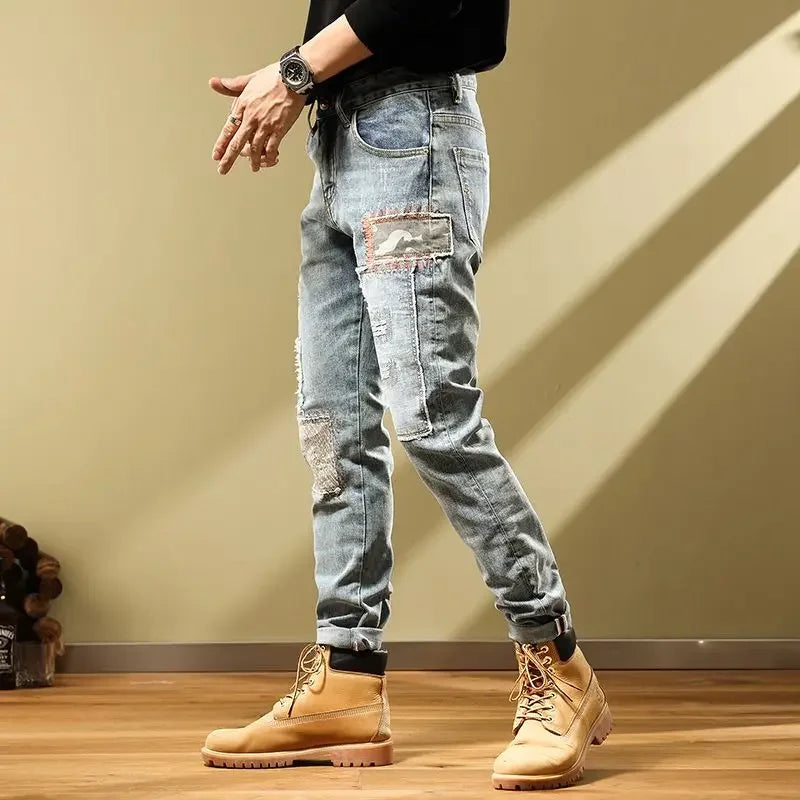 Male Cowboy Pants Tight Pipe Trousers Slim Fit Elastic Jeans for Men Patch Stretch Skinny Loose Korean Style Fashion Retro Cheap