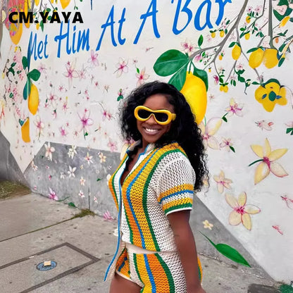 CM.YAYA Women's Set Striped Knitted Short Sleeve Button Shirt and Shorts  Summer Two 2 Piece Set Outfit Ribbed Tracksuit