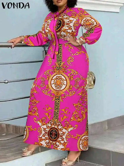 VONDA Maxi Dress  Summer Women Bohemian Printed Party Sundress Long Sleeve Stand Collar Casual Robe Holiday Vestidos Belted