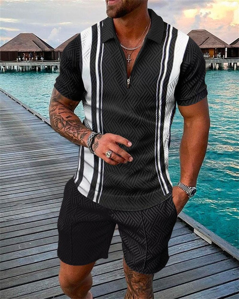 Men Casual Print Outfit 2-Piece Set Short Sleeve Shirt and Shorts Set Tracksuit High Quality Clothing M-3XL For Free Shipping