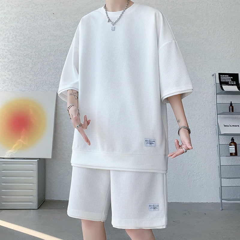 Legible Summer Solid Shorts Sets Men Casual Two Pieces Short Sleeve T Shirts and Short Pants Man