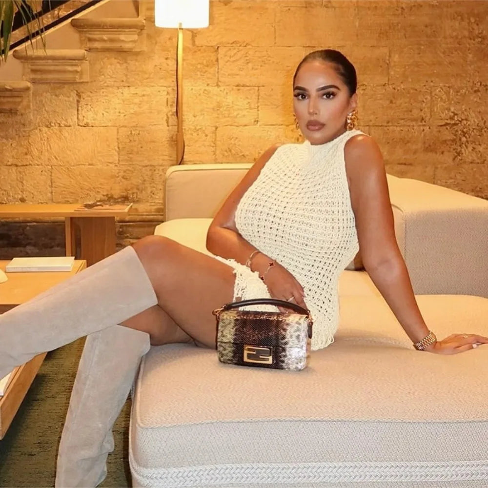 FAGADOER Fashion Tassels Hollow Out Splicing Mini Dresses 2024 Women Round Neck Sleeveless Slim Vestidos Elegant Lady Clothing