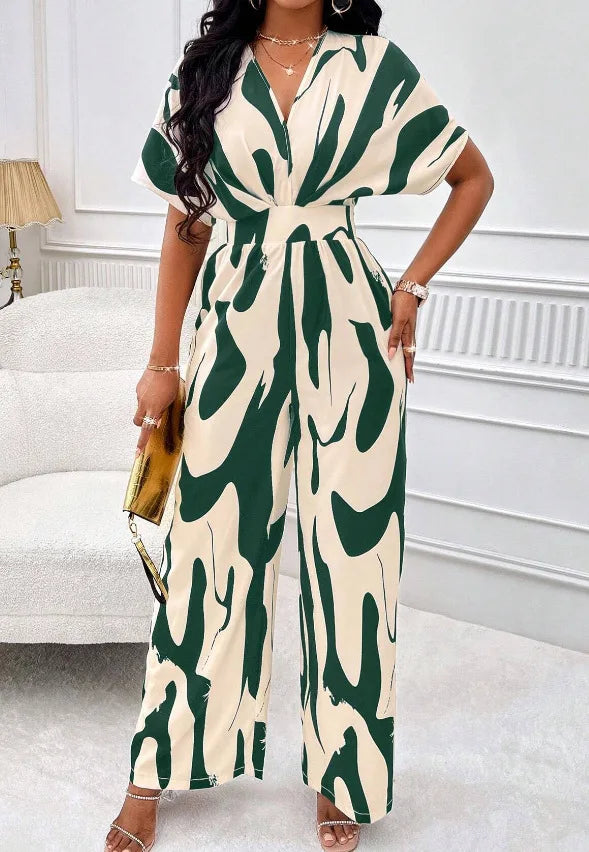 Women Wide Leg Jumpsuit Spring Summer Fashion V Neck Short Sleeve High Waist Full Body Printed Jumpsuits Casual One Pieces