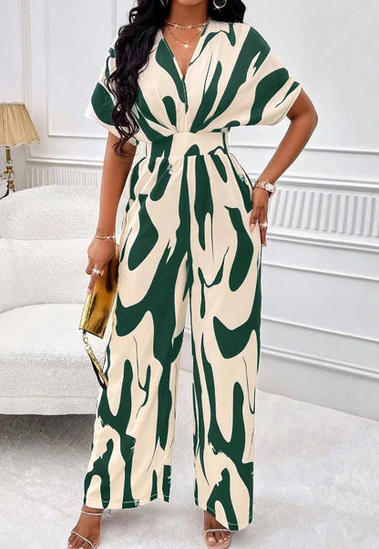 Women Wide Leg Jumpsuit Spring Summer Fashion V Neck Short Sleeve High Waist Full Body Printed Jumpsuits Casual One Pieces