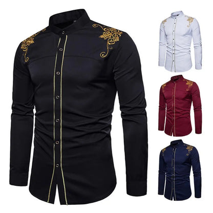 Black Gold Embroidery Shirt Men  Spring New Mens Dress Shirts Stand Collar Button Up Shirts Chemise Homme Camisa Masculina