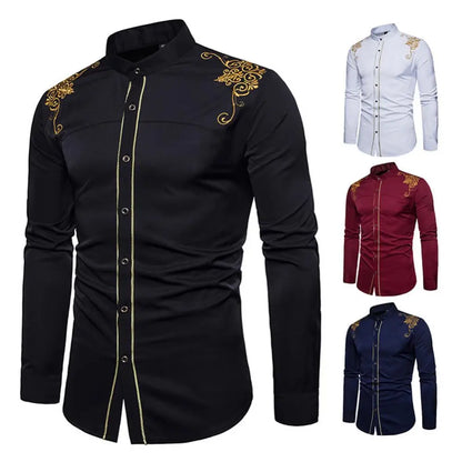 Black Gold Embroidery Shirt Men  Spring New Mens Dress Shirts Stand Collar Button Up Shirts Chemise Homme Camisa Masculina