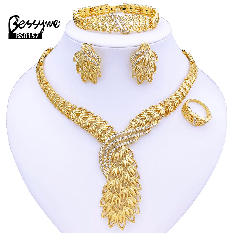 Elegant Women Jewelry Set 18k Gold Plated Plant Leaf Necklace Earrings Ring Bracelet Dubai Set Jewelry For Wedding Party Gift