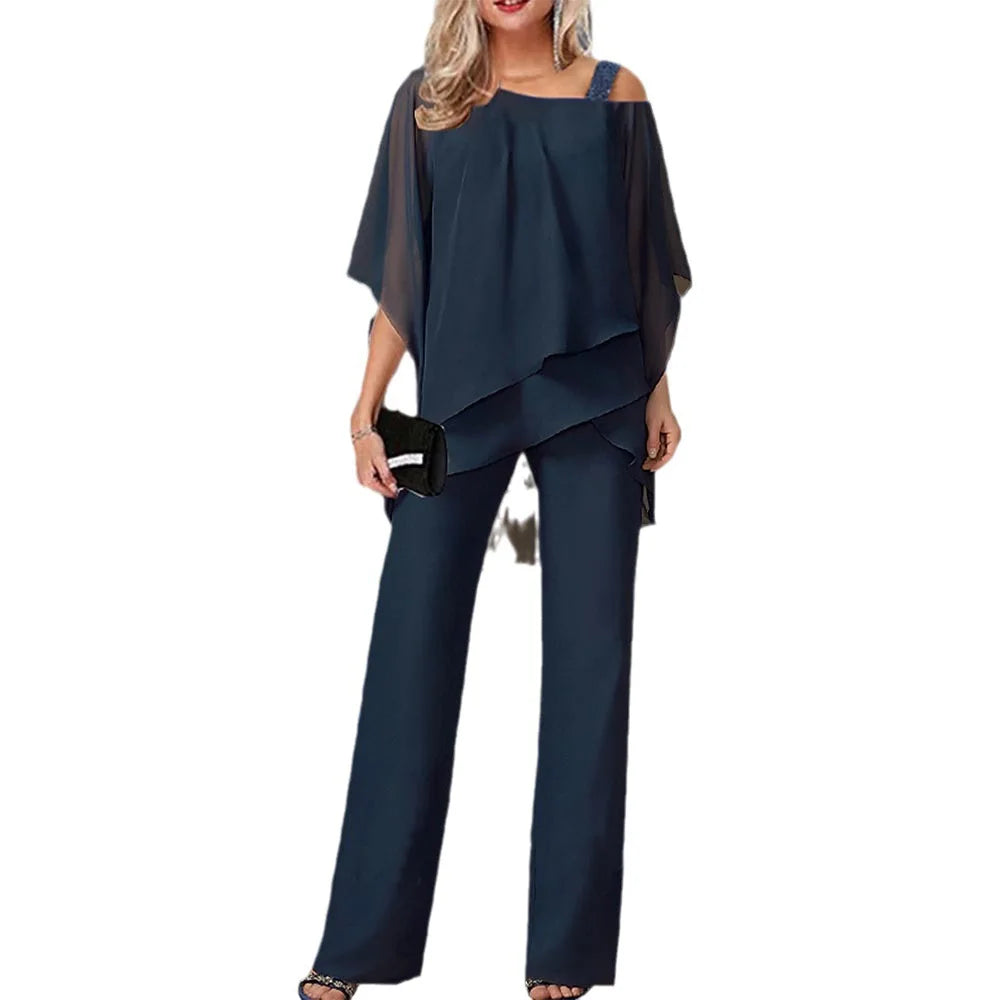 Women Trousers Sets Two Pieces Sale Sexy Off Shoulder Half Batwing Sleeve Blouse&OL Wide Leg Loose Pant Suits NMD-6666