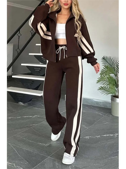 Autumn Winter Women's New Hoodie Suit Y2K Striped Zipper Loose Fit Jacket Outwear And High Waist Side-striped Pants Sports Sets