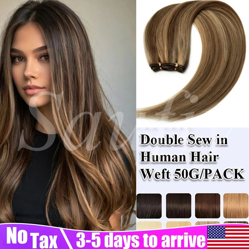 Highlights Brown Hair Weft Extensions Human Hair Weaves Bundles Sewing In Weft Extensions Natural Black Blonde Brown Double Drawn Human Hair Weft for Women 50g/Pack