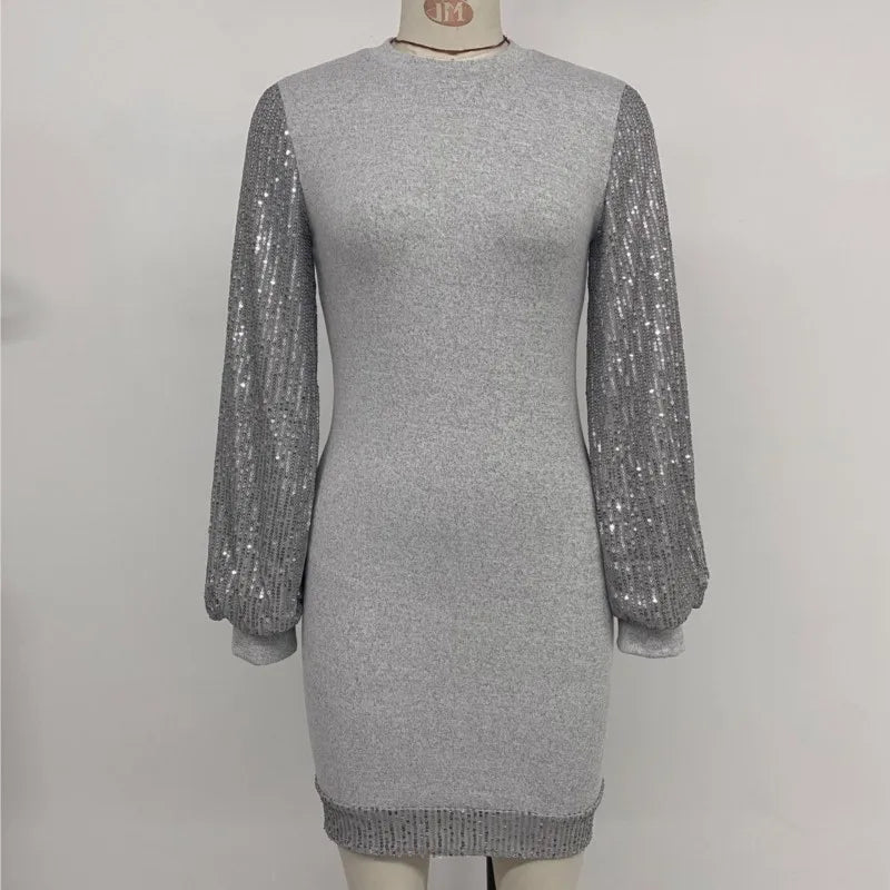 Autumn New Party Dress Sexy Sequin Long Sleeved Patchwork Solid Color Slim Fit Hip Hugging Knitted Frock Dresses  Woman