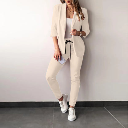 Women's Monochrome Casual Business Suit Temperament Commuting Pants Drawstring Elastic Waist Fashion Slit Suit Two-piece Set