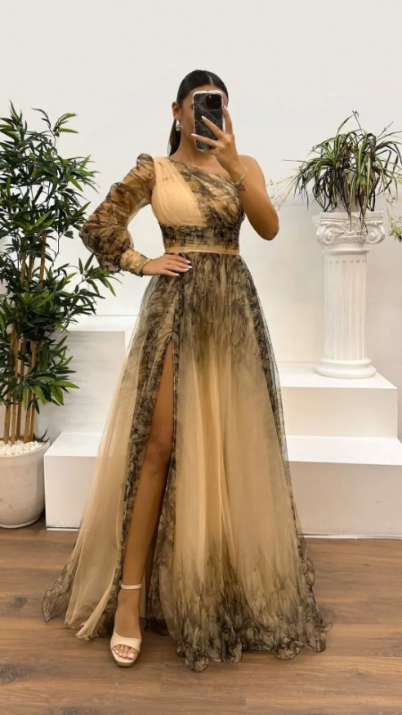 2025 Women Evening Dress Off Shoulder Pleated Long Lantern Sleeve Split Hem Maxi Dress Rhinestone Decor High Waist Party Dresses