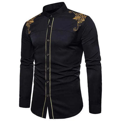 Black Gold Embroidery Shirt Men  Spring New Mens Dress Shirts Stand Collar Button Up Shirts Chemise Homme Camisa Masculina