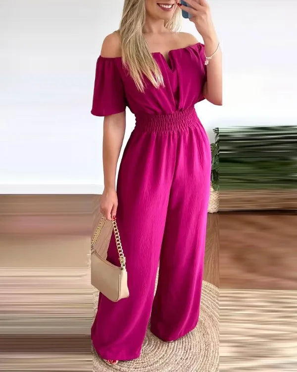 Sexy Solid Off Shoulder Jumpsuit Elegant V Neck Slim Fit Elastic Waist Jumpsuits 2024 New Office Lady Fashion Women Clothing