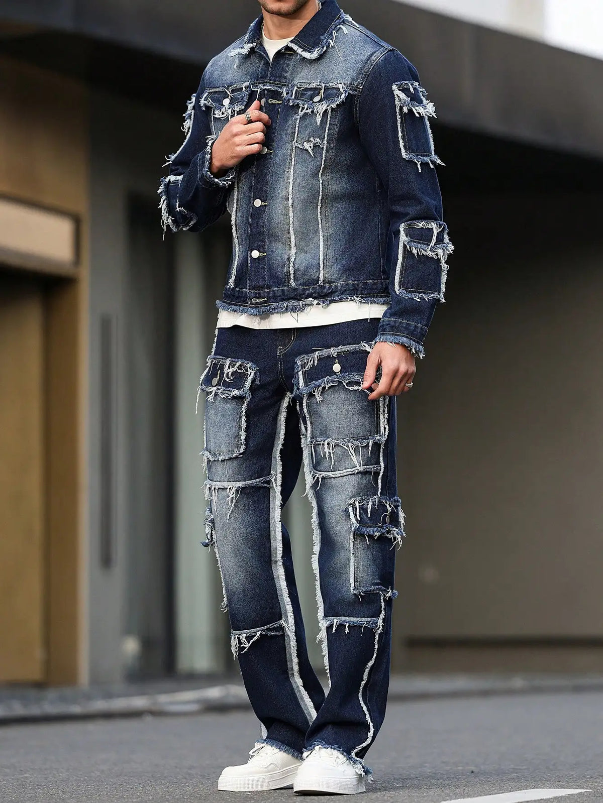 Herren-Frühlings- und Herbst-Denim-Anzug, Multi-Pocket-Design, weite, gerade Hosenform