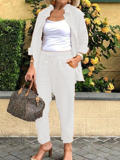 Cotton Linen Set Women Spring Summer Loose Oversize Long Sleeve Shirt Long Pants 2 Piece Sets Casual Office Ladies Trousers Suit