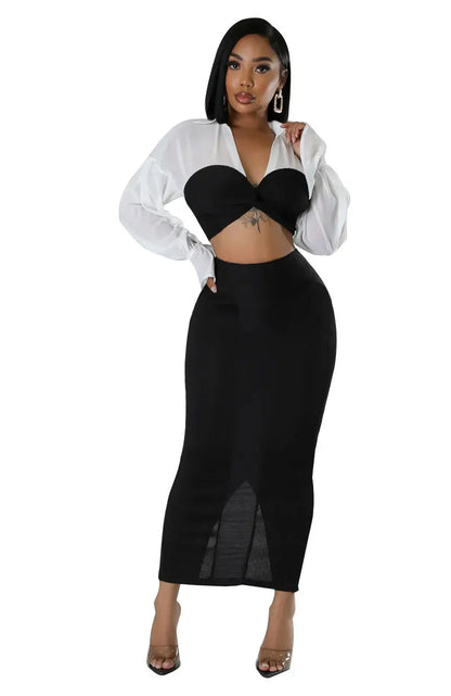 CM.YAYA Womens Two 2 Piece Sets Full Sleeve Shirt and Split Long Skirt Suit  Fall Streetwear Sexy Night Club Party Outfits