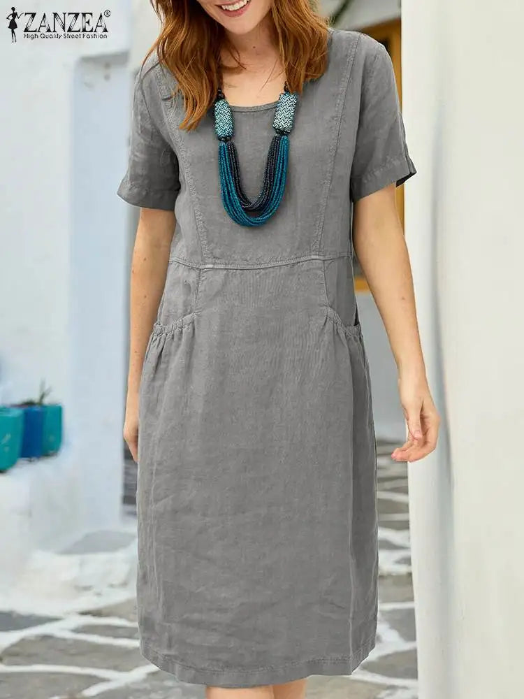 ZANZEA Summer Vintage Short Sleeve Knee-length Dress Women Fashion Solid Party Sundress Robe Femme Casual Pockets Vestido Kaftan