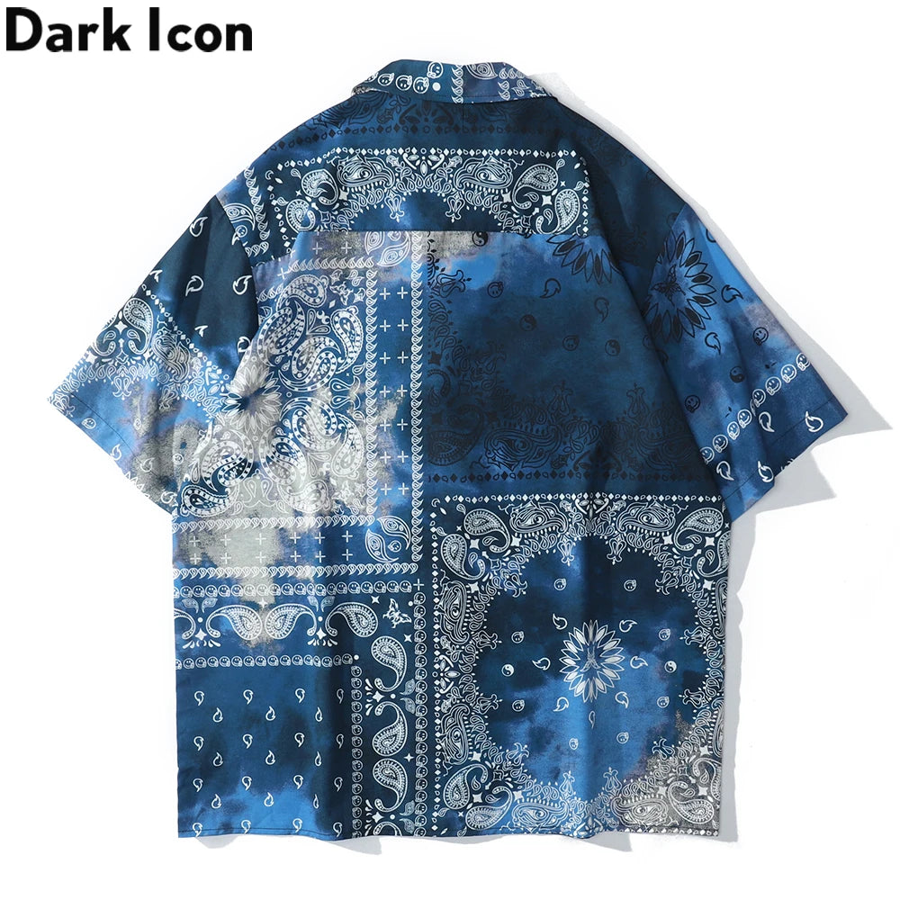 Dark Icon Tie Dyeing Bandana Button Down Shirt Men Paisley Vintage Men's Shirts Hoiday Beach Hawaiian Shirts 2023 Summer Man Clo