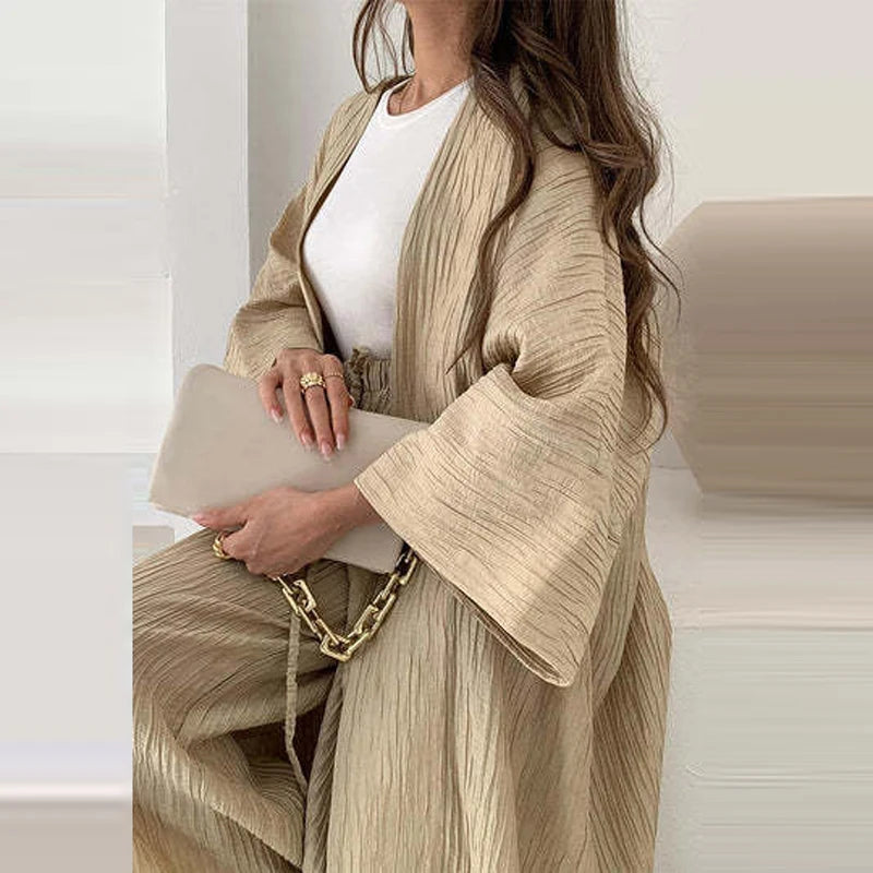 Elegant Female Loose Solid Color Outfits 2024 Women's Autumn Suits Lady Pleated Texture Top+Straight Casual Pants Two-Piece Sets