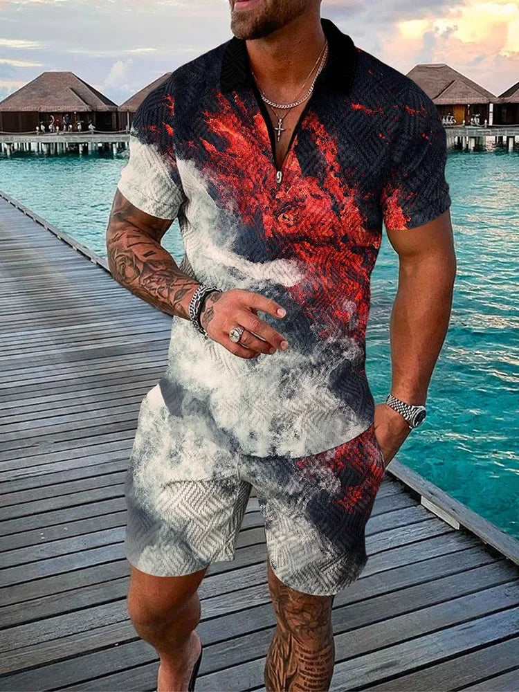 Summer New Trend Men's Tracksuit Casual Zipper Collar 3d Print Polo Shirt Suit 2 Pcs Set Colorful Streetwear Clothing Oversize