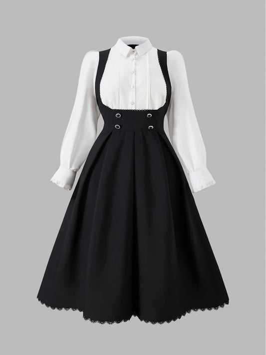 European and American fashion, sunny, large-sized solid color contrast 2-in-1 long-sleeved dress, floor-length dress