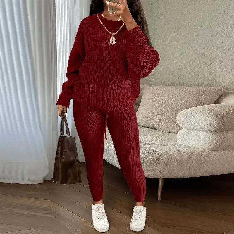 2024 Winter Two Piece Sets Women Clothing Autumn Fashion Casual Solid Round Neck Pullover Loose Pit Knitted Sweater Pants Suits