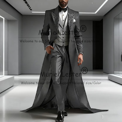 Luxury Suits Men For Wedding 3 Pieces Sets Sparkly Sequins Lapel Prom Tuxedos With Long Train Customized Man Banquet Party Dress