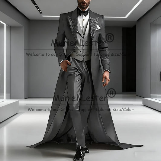 Luxury Suits Men For Wedding 3 Pieces Sets Sparkly Sequins Lapel Prom Tuxedos With Long Train Customized Man Banquet Party Dress