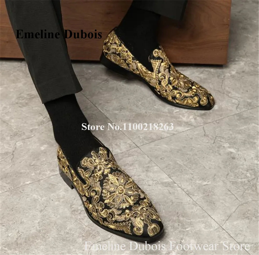 Newest Men Gold Embroidery Loafers Emeline Dubois Round Toe Printed Slip-on Flat Leisure Shoes Men Men Party Shoes