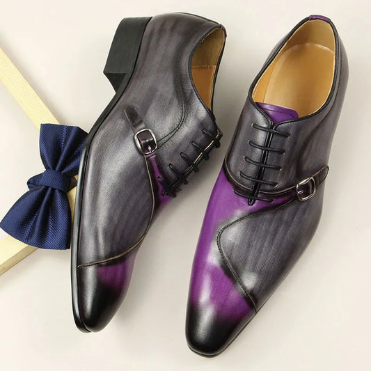 Men Leather Shoe High Quality Oxford Lace Up Side Metal Buckle Gray Purple Color Matching Handmade Business Formal Shoes