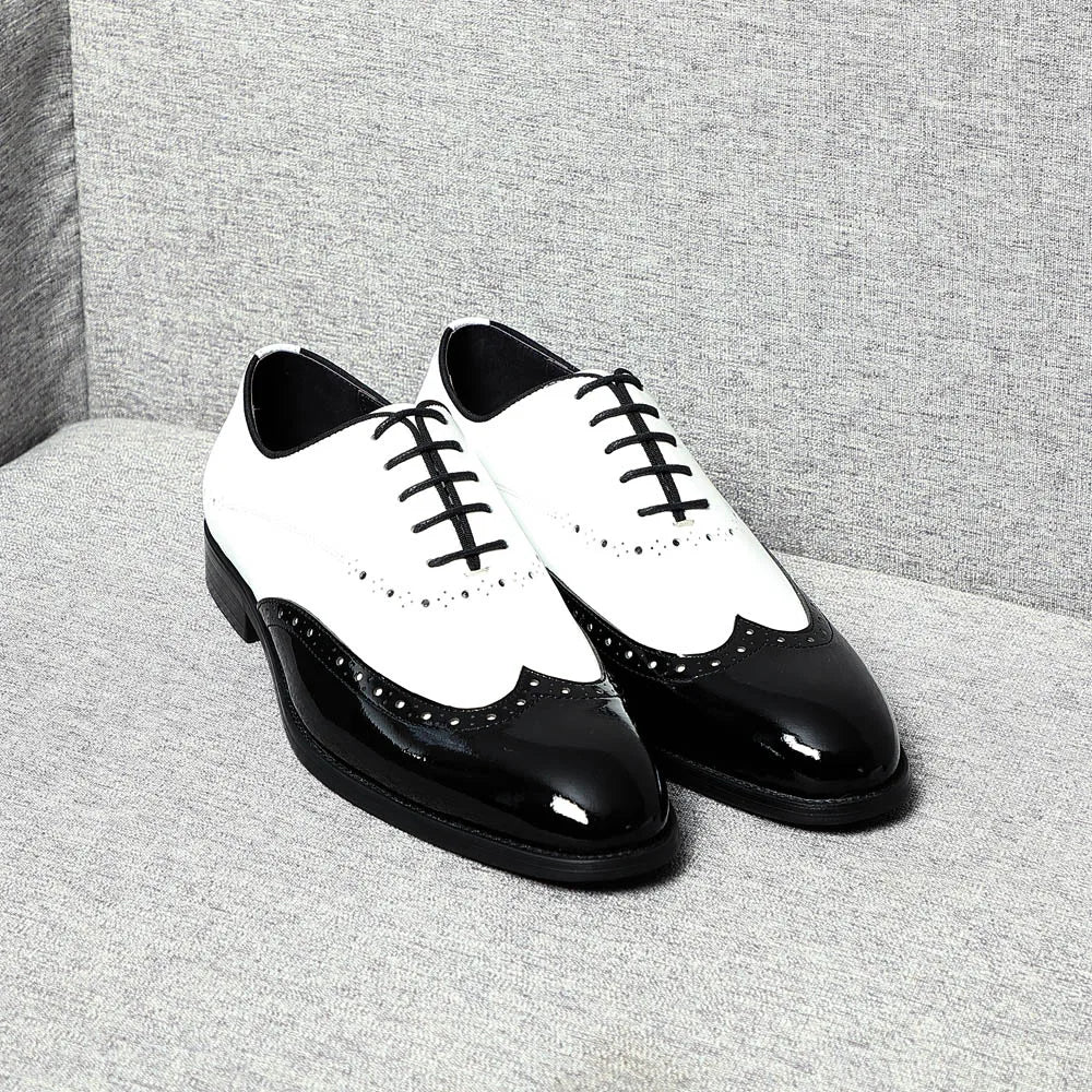 Elegant Man Dress Shoes White Black Genuine Leather Oxfords Wedding Party Social Shoes Male Wingtip Brogue Oxford Shoes for Men