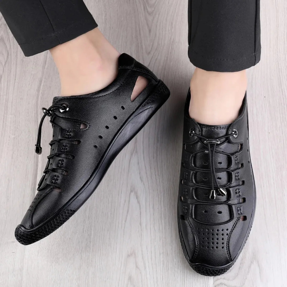 Genuine Leather Summer White Lace Up Hollow Sandals Roman Style Designer Shoes Luxury Brand Breathable Beach Men Shoes Mocassins