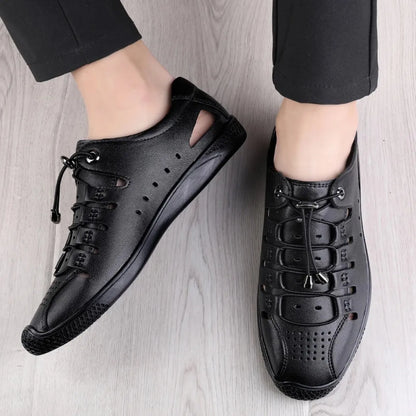 Genuine Leather Summer White Lace Up Hollow Sandals Roman Style Designer Shoes Luxury Brand Breathable Beach Men Shoes Mocassins