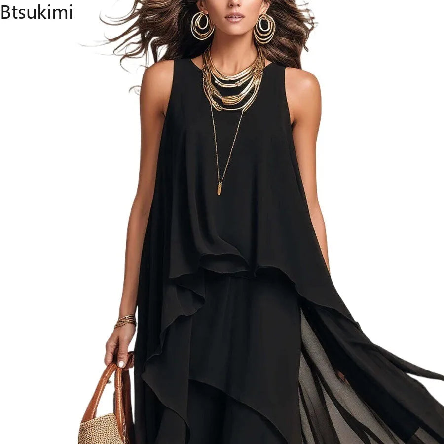 Women's Elegant Solid Dress Summer Casual O Neck Sleeveless Asymmetrical Ruffle Layered Chiffon Maxi Dress Holiday Party Dress