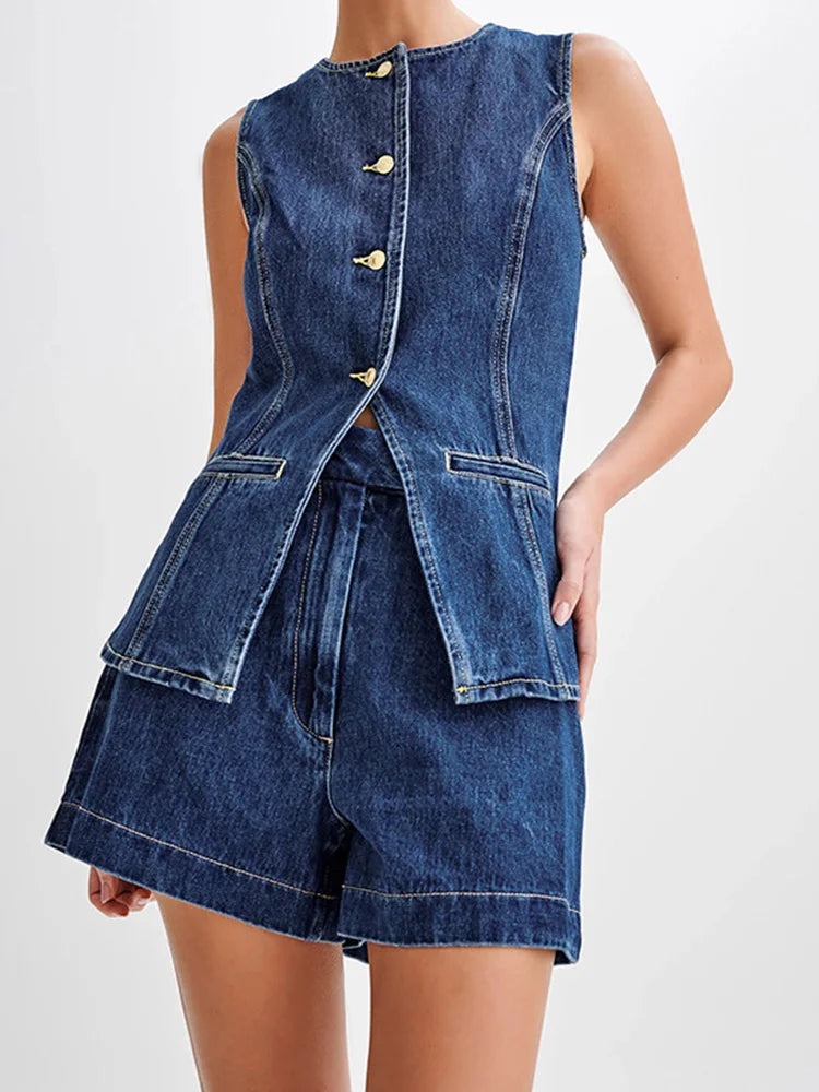 EOTVOTEE Streetwear Slim Sleeveless Denim Top for Women Fashion Casual High Waist Denim Shorts 2025 New Spring Summer Short Sets