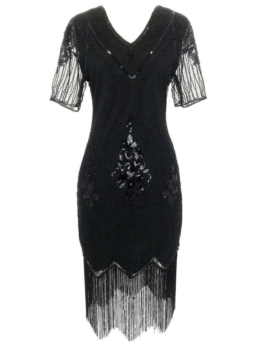 Embellished Beaded Sequin Dress Robe Vestidos Women 1920s Flapper Dress Vintage V Neck Butterfly Sleeve Long Great Gatsby Dress