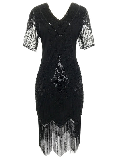 Embellished Beaded Sequin Dress Robe Vestidos Women 1920s Flapper Dress Vintage V Neck Butterfly Sleeve Long Great Gatsby Dress