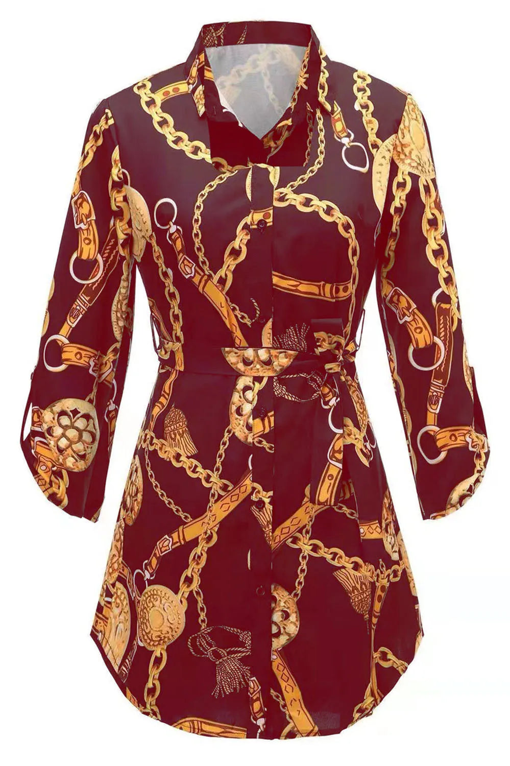 2024 Autumn New Women's Dress Fashionable Sexy Gold Chain Slim Fit Printed Single Breasted Lace Up Waist Cinching Short Skirt