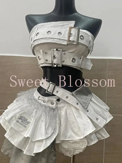 Summer Vintage Elegant Y2K Woman 2 Piece Sets Punk Gothic Strapless Crop Tops +High Waist Ruffle Skirt Female Party Outfits