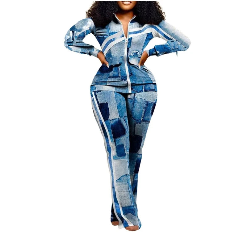 Women Long Sleeve Spliced Zipper Top + Ankle-Length Pants 2 Pieces Set Autumn Winter New Street Fashion Casual Sporty Outfits