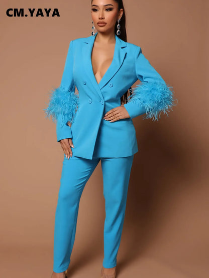 CM.YAYA Vintage Women Fur Hem Long Sleeve Blazer Suit and Pants  Chic OL Fashion Two 2 Piece Set Outfits Basic Tracksuit
