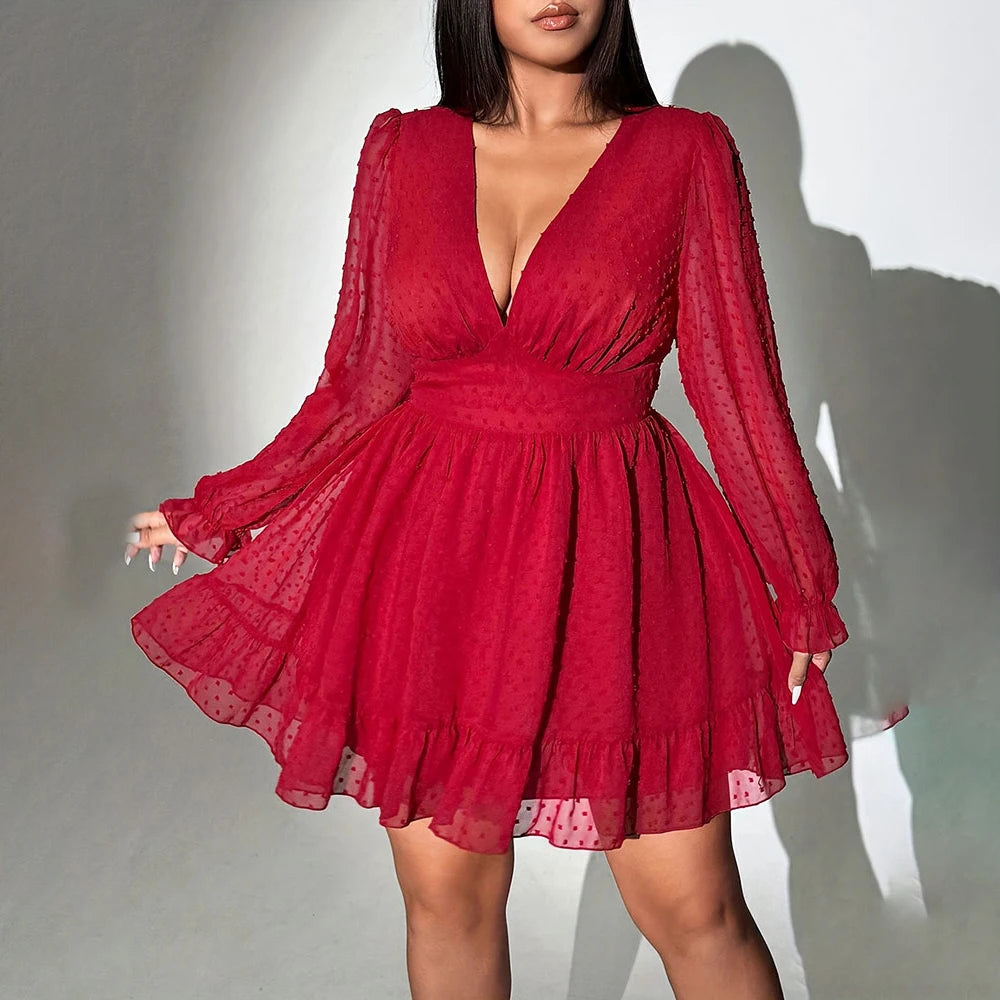 Neues sexy V-Ausschnitt Kurzarmkleid Übergröße Uni Polka Dot Langarm Amerikanischer schmaler A-Linien-Rock elegantes Party-Damenabendkleid