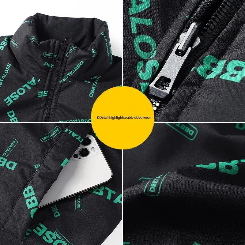 Embroidered men's double-sided vest winter sleeveless jacket, thick and warm, sporty and fashionable top, casual street jacket